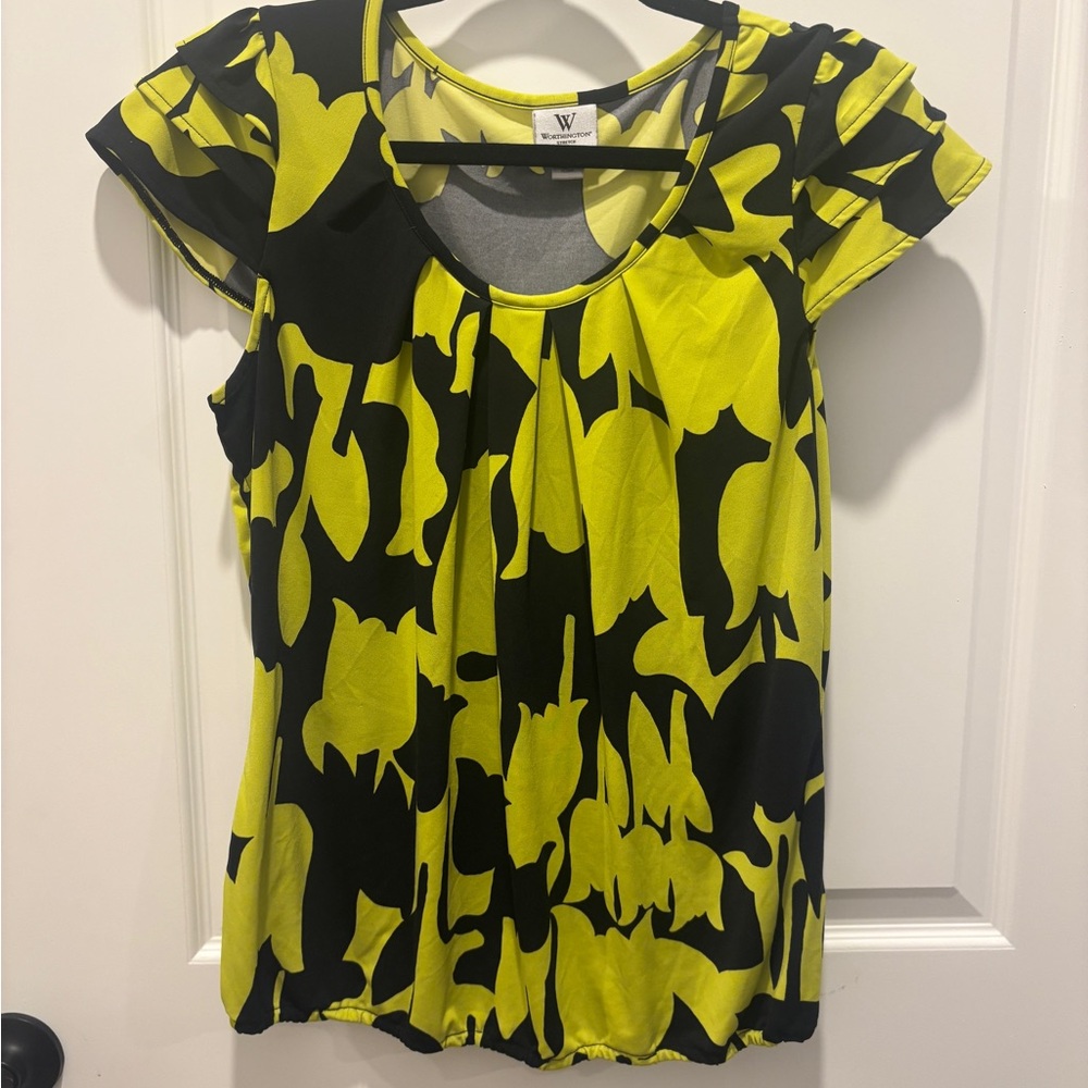 Worthington Black and Yellow Green Abstract Blouse